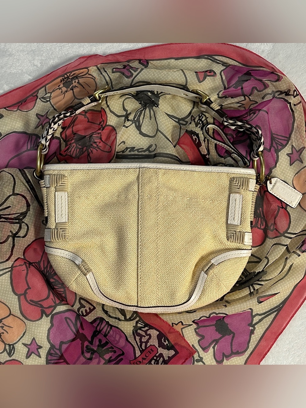 COACH 2005 soho angora beige white braided straw leather trim mini hobo bag